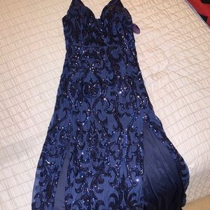 Long Navy Blue Sequin Dress